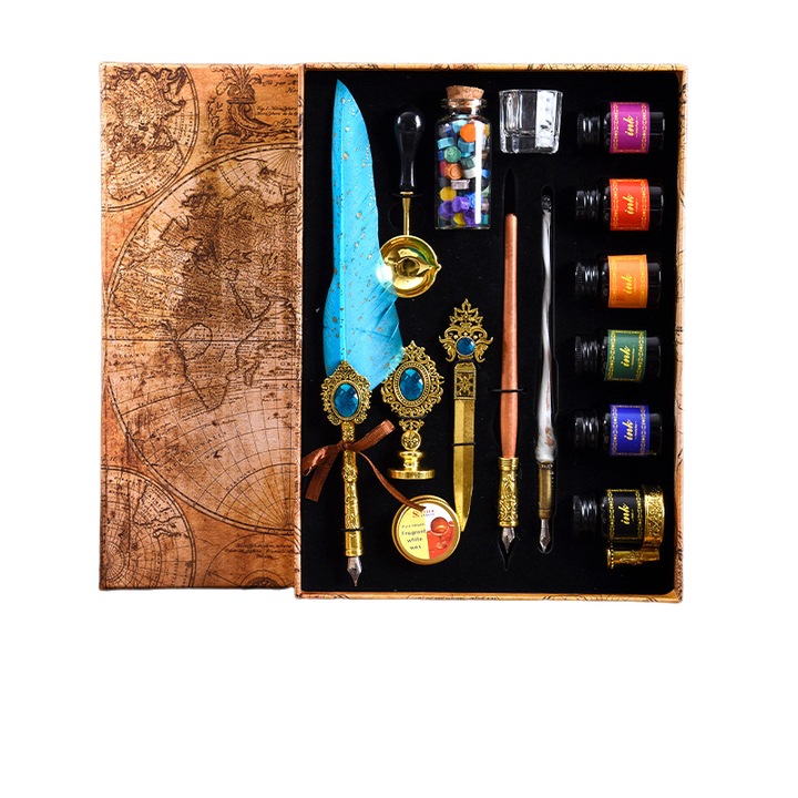 Set stilou cu pana de gasca vintage, 15pcs, albastru