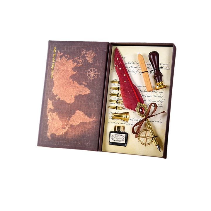 Set stilou cu pana de gasca vintage, 5 varfuri, suport pentru cerneala, stick de ceara, rosu