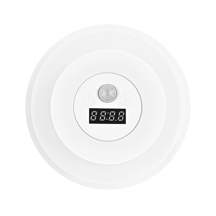 Lampa de veghe cu senzor de miscare si afisaj orar, alb, 11x11x3.3cm, montare magnetica, set 1 lampa LED, cablu USB