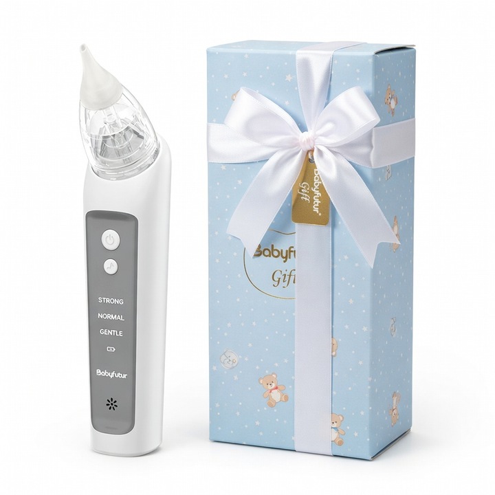Aspirator nazal electric BabyFutur pentru bebelusi, sigur pentru bebe, 3 trepte aspiratie, portabil, capete din silicon, usor de curatat, cutie depozitare, incarcare USB-C