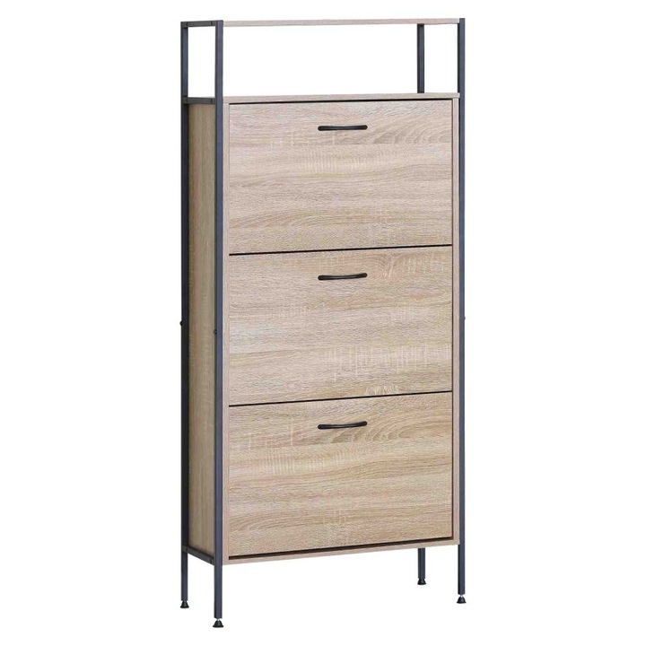 Dulap pantofi DacEnergy, PAL/otel, manere plastic, stejar/negru, 63x24x141cm