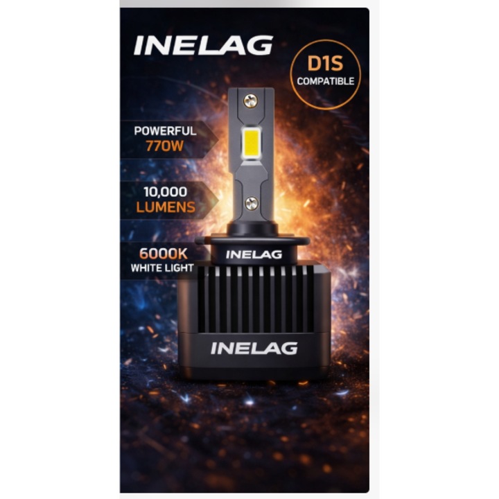 Set 2 becuri LED auto D1S INELAG, conversie HID–LED, 70W, 10000 lm, 6000K, Plug & Play