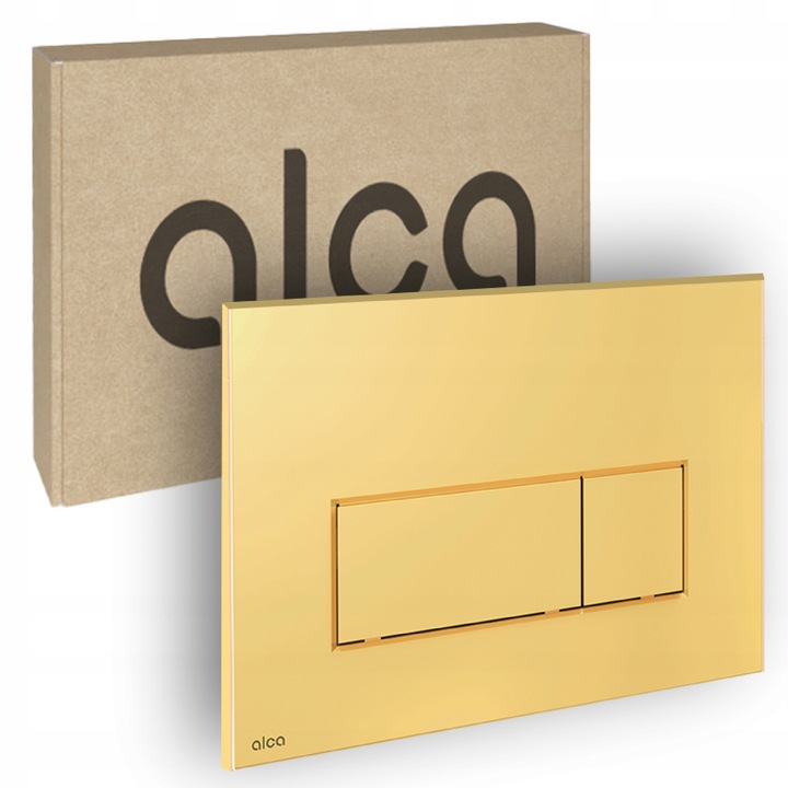Clapeta actionare rezervor WC Alcaplast, finisaj auriu lucios, profil plat, dimensiuni 250x170x36mm, set complet
