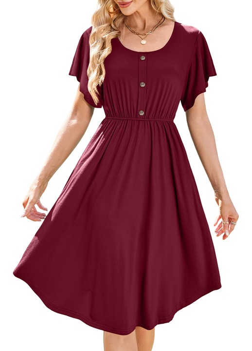 Rochie Midi de Dama, Beluring, Buzunare, Culoare Bordeaux, Material Aerisit, L INTL