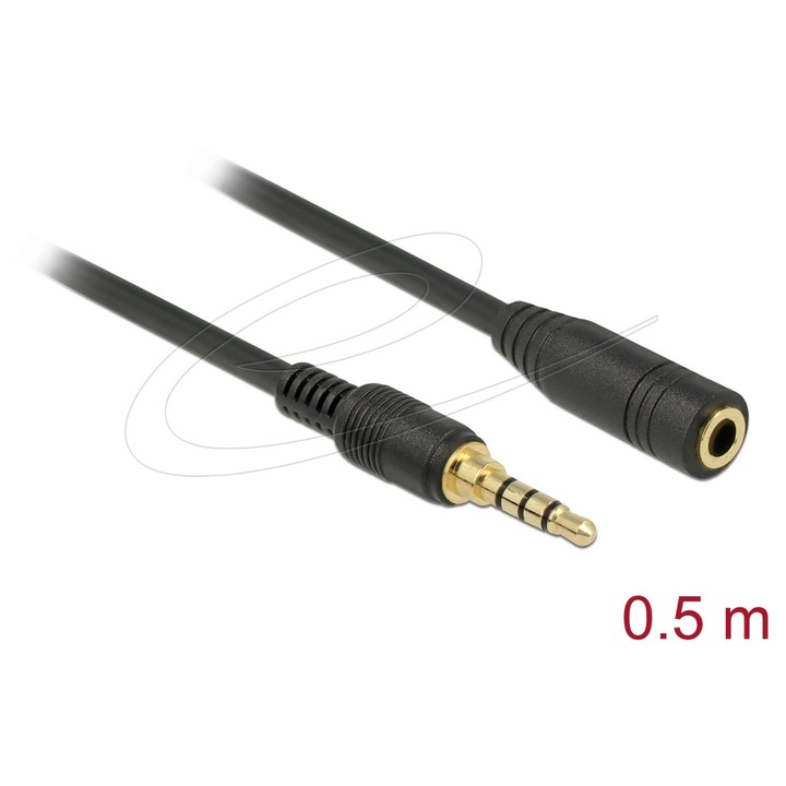 DeLock Stereo Jack Extension 3.5 mm 4 pin male to female cable 0, 5m Black, 292733, Kábel