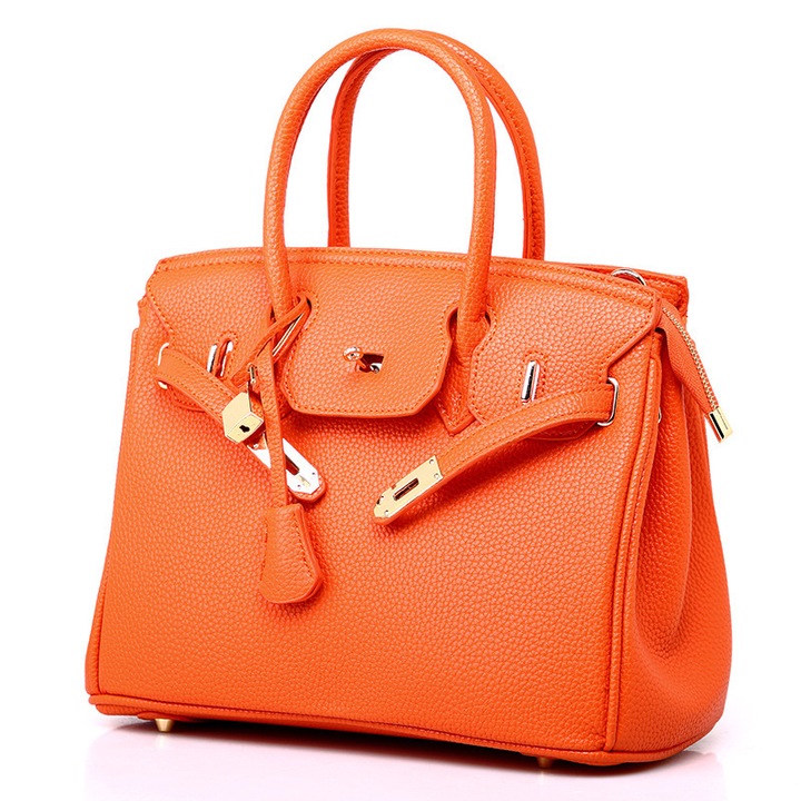 Geanta dama Birkin cu model litchi, portocalie, tip crossbody si umar, cu fermoar