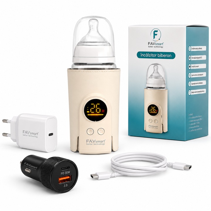 Incalzitor Biberon/Biberoane Portabil FAVsmart K6, 8000 mAh, USB-C 18W, 6 Trepte (38-50°C), Ecran LCD, Incalzire Constanta, Lumina De Veghe, Acasa/Masina/Calatorii, Incarcator Inclus, Incarcator Auto, Bej