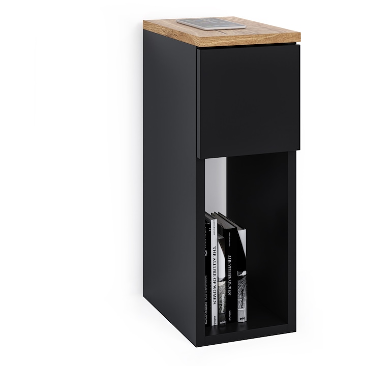 Éjjeliszekrény, éjjeli fiókos szekrény, keskeny éjjeliszekrény, éjjeli szekrény, karcsú oldalasztal tárolópolccal és fogantyúval, fekete / tölgy színben. Méret: Sz 20 × Ma 55 × Mé 30, 5 cm