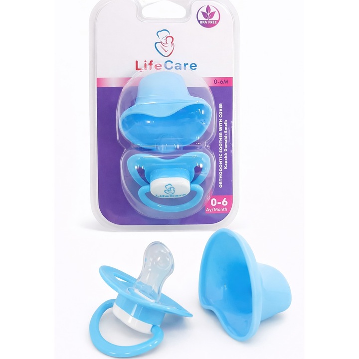 Suzetă ortodontică Life Care cu capac pentru bebeluși 0-6 luni Albastru