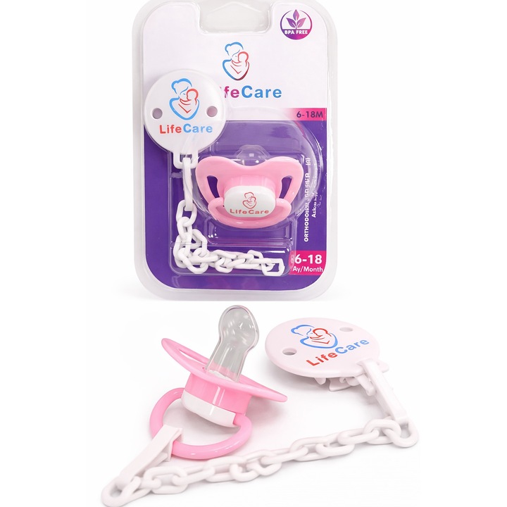 Suzetă ortodontică cu lanț Life Care 6-18 m. Culoare roz