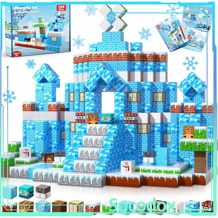 Set de blocuri magnetice 100 PCS, Socodox, Asamblare Magnetic, Castel de gheata, Cuburi Montessori pentru Coordonare, Creativitate, Joc Educational si Relaxant, 3 ani+, plastic ABS, 2x2cm, Albastru
