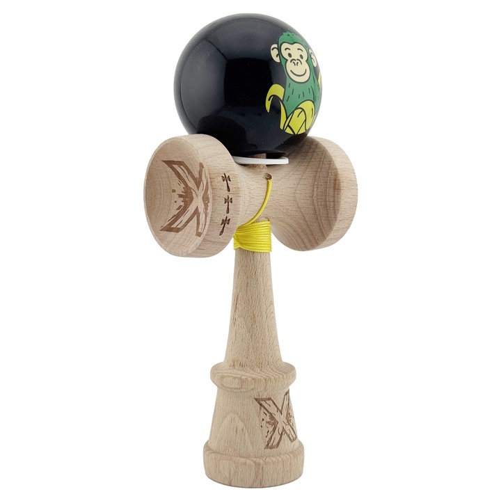 Kendama Profesionala, Green Monkey, Super Sticky cu Cupe Mari King Size V3, Rulment Metalic si Gaura in Baza, din Lemn 18 cm, Ata 62/65 cm, Negru