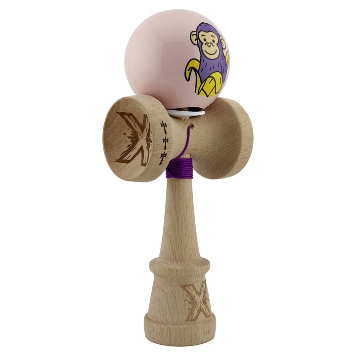 Kendama Profesionala Violet Monkey Super Sticky cu Cupe Mari King Size V3 Rulment Metalic si Gaura in Baza din Lemn 18 cm Ata 62 65 cm Roz