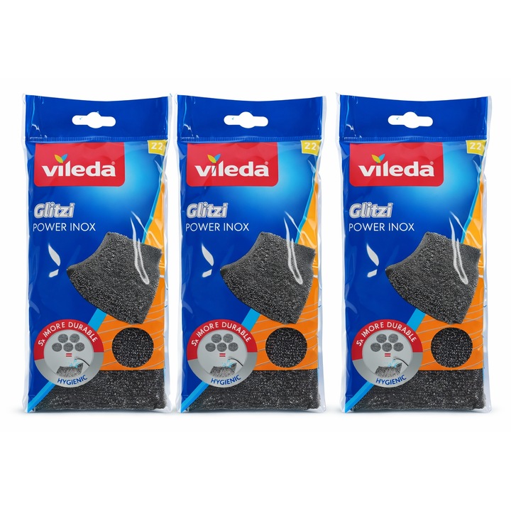 Set 3 Bureți Vileda Glitzi Power Inox, rezistență mare, curățare eficientă, inox