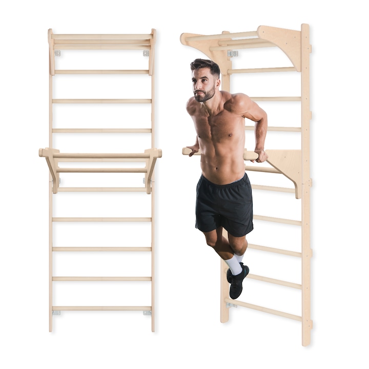 MAMOI® Scara gimnastica pentru exercitii cu maner si paralele pentru dipuri, constructie stabila pentru antrenament de forta si stretching, montaj pe perete, manere de antrenament