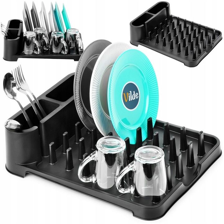 Suport Pentru Vase, Vilde, 41x32.5x11 cm, Fabricat Din Materiale Plastice, Fund Proiectat Pentru Colectarea Apei, Spatiu Pentru Farfurii, Cani Si Pahare, Organizator Pentru Tacamuri Si Accesorii, Negru Mat