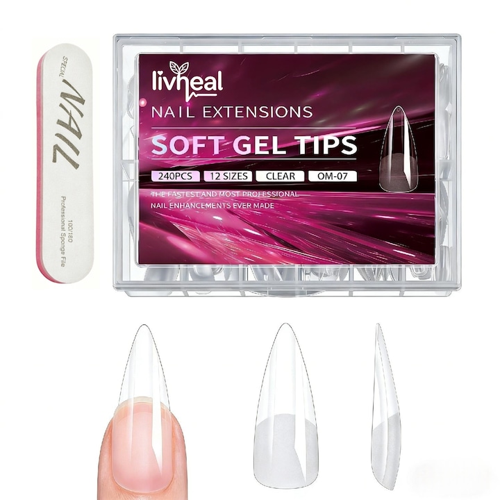 Set tipsuri unghii reutilizabile, 240 bucăți, stiletto, roz, 12 dimensiuni