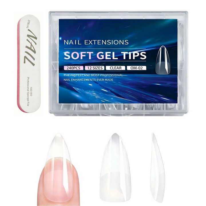 Tipsuri unghii reutilizabile, set 240 bucati, 12 dimensiuni, semi-mat, albastru inchis, lungi almond