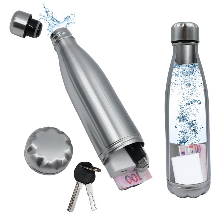 Sticla termos cu compartiment secret, seif ascuns, mini seif bani, inox, 750 ml, 7, 5x7, 5x32 cm