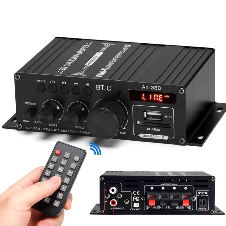 Amplificator digital cu telecomanda, Bedee®, Amplificator audio stereo,90db,410W x 2, Functia FM,12V, Compatibil cu telefoane mobile, computere, tablete, notebook-uri, MP3, MP4, televizoare,0.35 KG, Negru