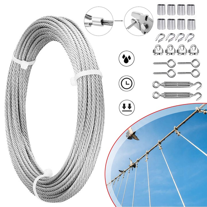 Kit cablu de oțel inoxidabil 3mm, 15m, cu întinzător M6, accesorii pentru grădină