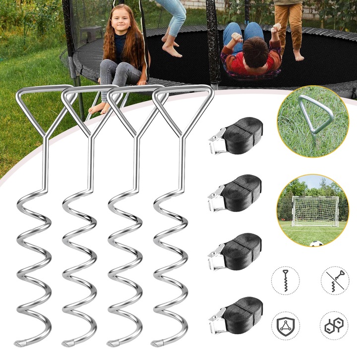 Set de 4 ancore pentru trambuline, curele rezistente, otel zincat, 42, 5x8, 5cm