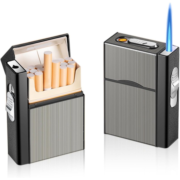 Tabachera cu brichetă, neagră, capacitate 20 tigări, rezistentă la vânt, compactă