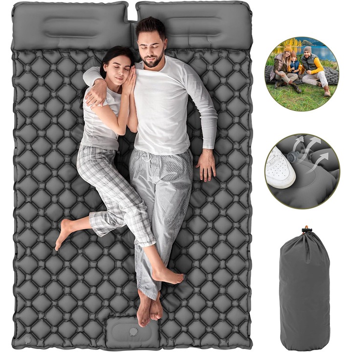 Saltea de camping gonflabilă, cu pernă, 195x120cm, gri, pentru 2 persoane