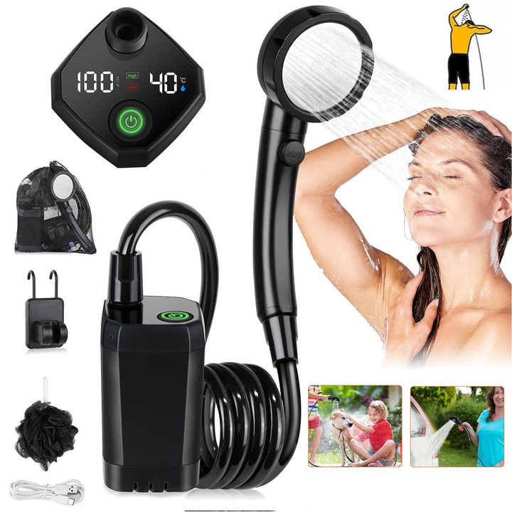 Dus portabil pentru camping, 6000mAh, 4 moduri de pulverizare, impermeabil, negru, 7x12cm - set complet cu accesorii