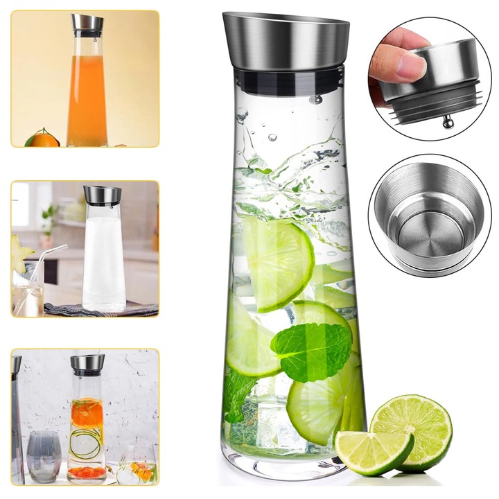 Boroszilikát üveg kancsó 1L rozsdamentes acél fedővel, átlátszó, 9,8x28cm