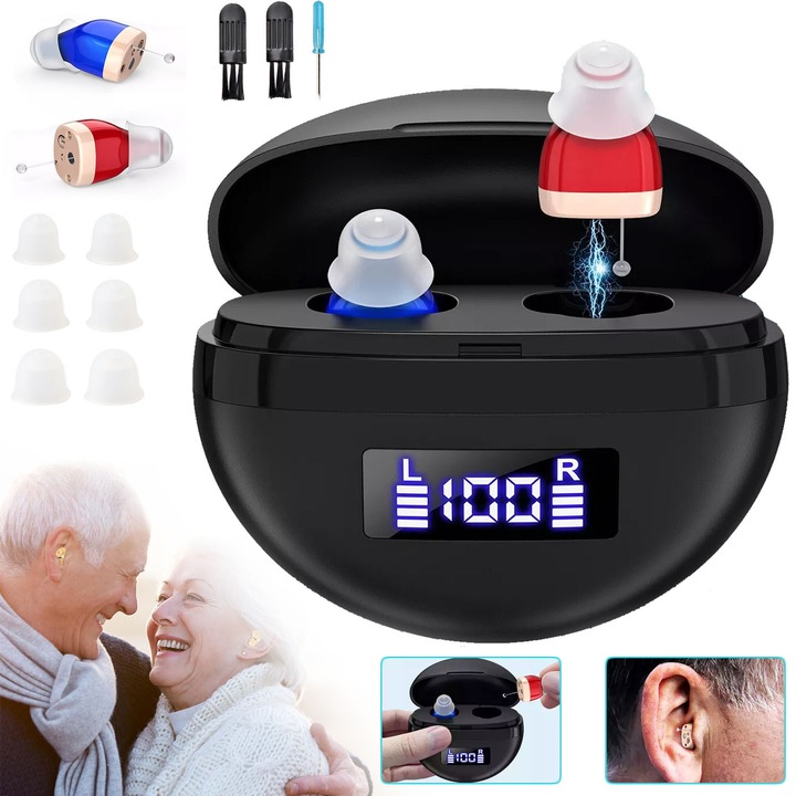 Акумулаторни слухови апарати, вътреушни, намаляващи шума, комплект 1x слухов апарат, черен