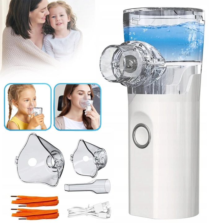 Nebulizator portabil cu ultrasunete, set complet cu 2 măști, funcționare silențioasă, pentru adulți și copii