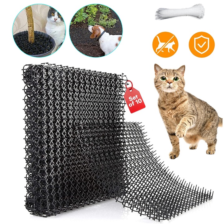 Set 10 Covorașe Anti-Pisici, 42x34cm, Negru, pentru Protecție Interioară și Exterioară