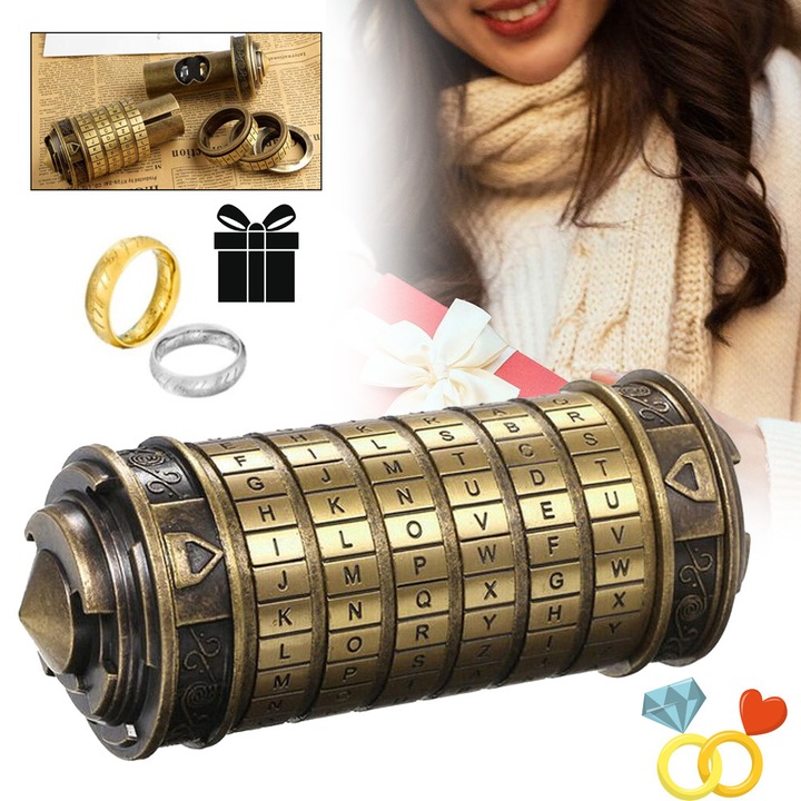 Cryptex Mini Da Vinci kód, intelligencia játék, fém, 14cm, gyűrűkkel
