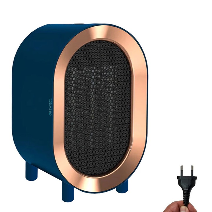 GREATON Hordozható Hősugárzó, Mini Elektromos Fűtőtest 1200W, 2 Szintű Állítható Termosztát, Túlmelegedés Elleni Védelem, Halk Működés, Fényes Felület, Sötétkék