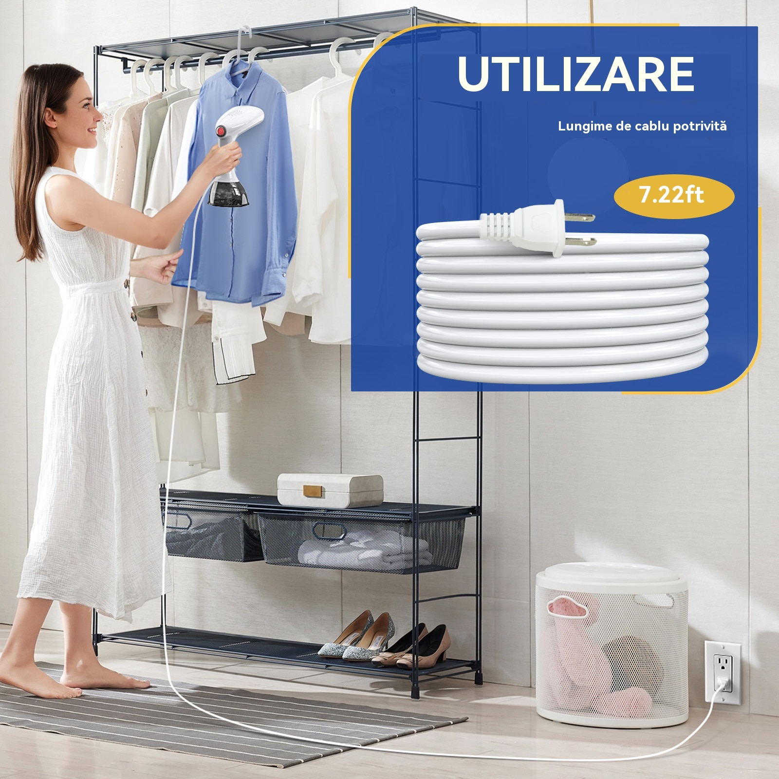 Aparat de calcat vertical cu aburi Rolipo®, 1640W, Rezervor 400ml, Debit 30g/min, Cablu 2.1m, Alb