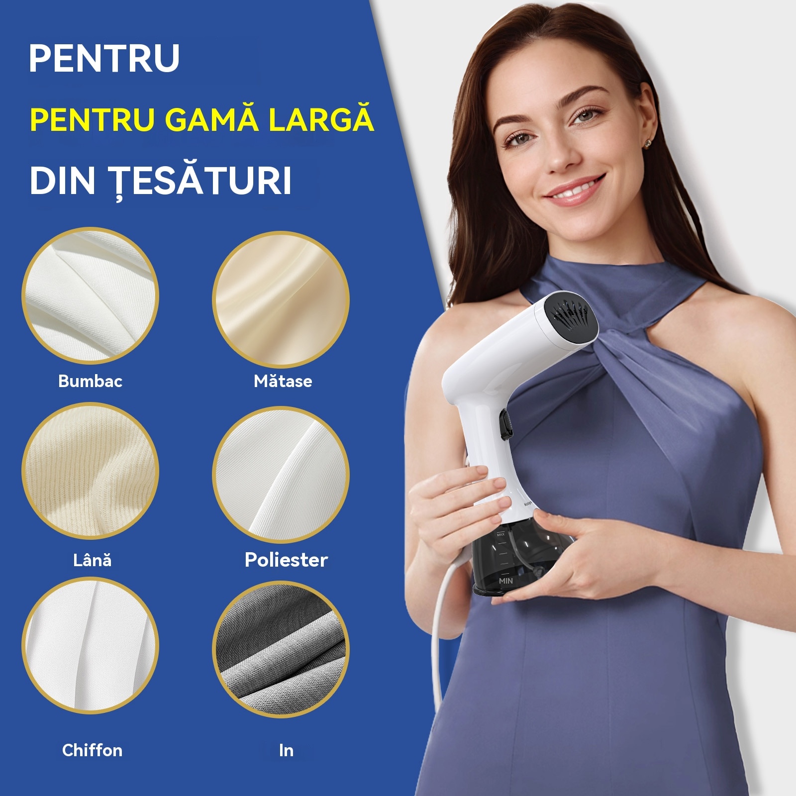Aparat de calcat vertical cu aburi Rolipo®, 1640W, Rezervor 400ml, Debit 30g/min, Cablu 2.1m, Alb