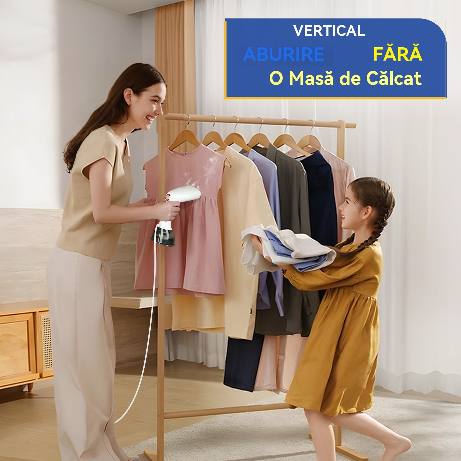 Aparat de calcat vertical cu aburi Rolipo®, 1640W, Rezervor 400ml, Debit 30g/min, Cablu 2.1m, Alb