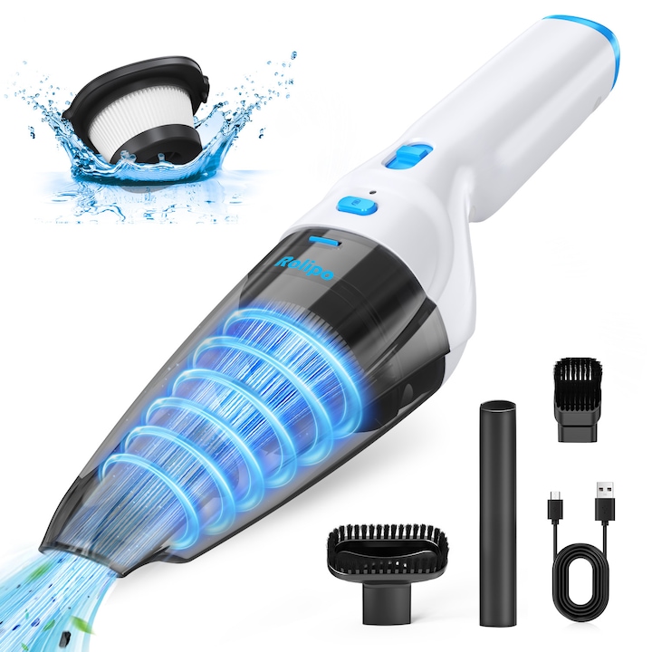 Безжична ръчна прахосмукачка Rolipo®, 9500Pa Мощна, USB-C акумулаторна, 2000mAh издръжливост, 3 аксесоара, HEPA филтър, 500 мл контейнер за прах, за кола, диван, животински косми, бяла