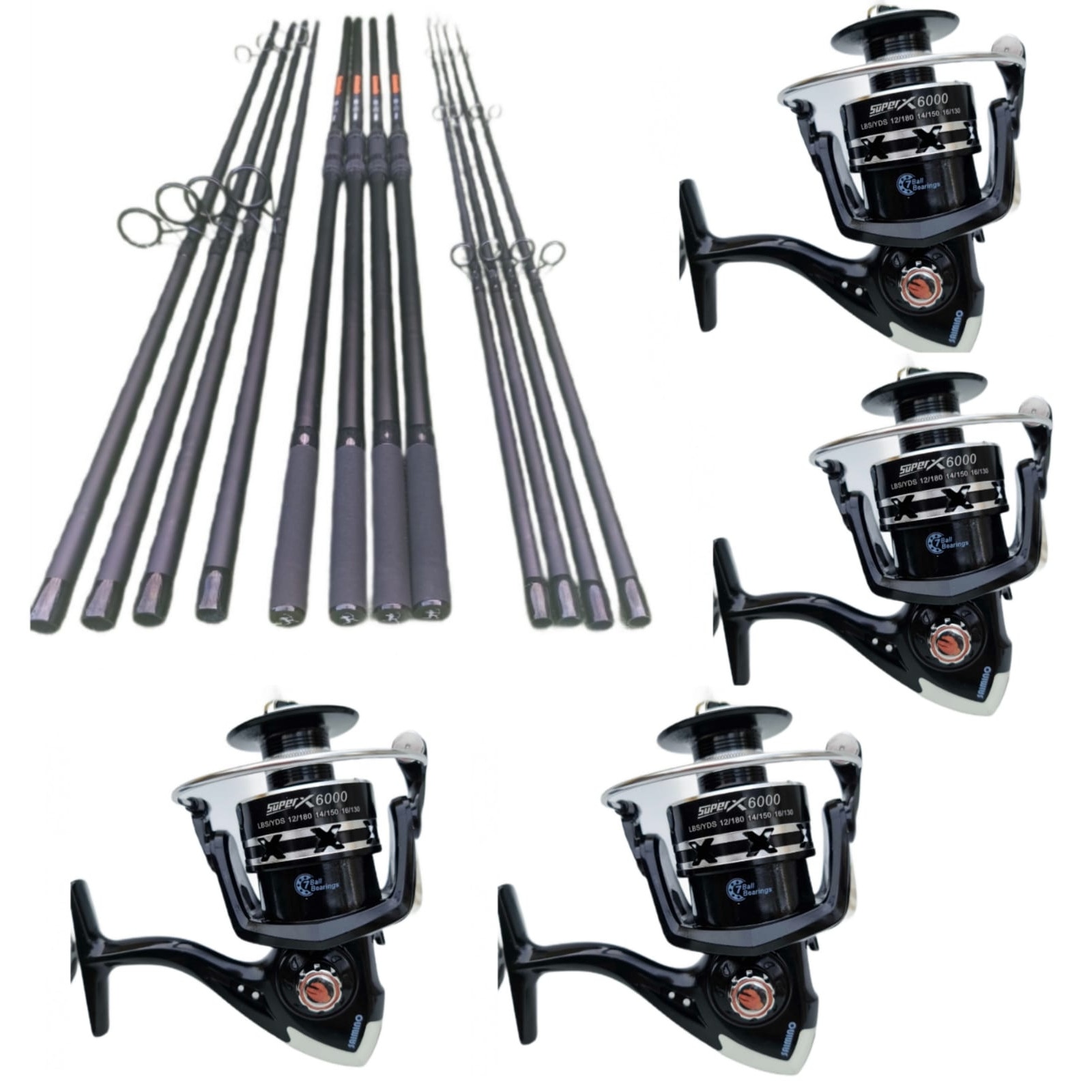 Set 4 Lansete Crap 3, 60m 3 Segmente cu 4 Mulinete X 6000, Tambur