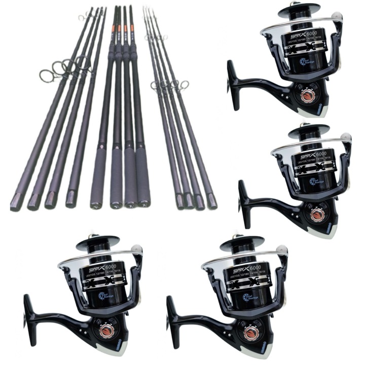 Set 4 Lansete Crap 3, 60m 3 Segmente cu 4 Mulinete X 6000, Tambur Metalic, 7 Rulmenti