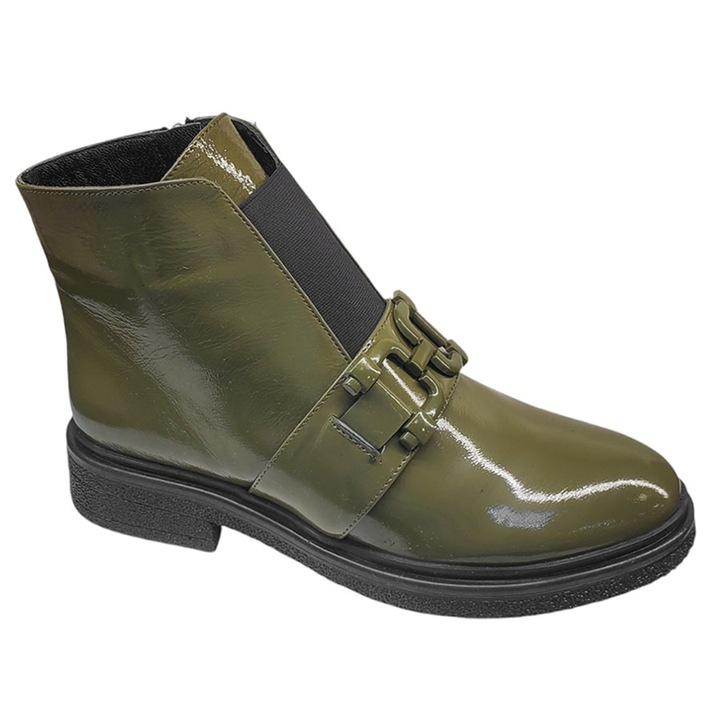 Ghete dama Dogati lacuite din piele naturala cu fermoar si elastic, verde, Verde fistic