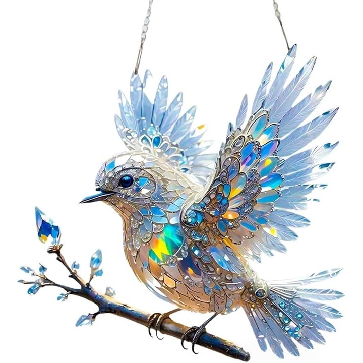 Raamhanger decorativ, pasare albastra, ornamente de gradina, culori vibrante