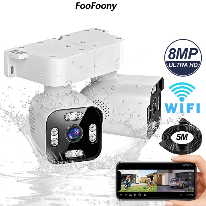Cameră de supraveghere FooFoony, Wi-Fi, 4K Ultra HD, viziune nocturnă color, rotire 355°, rezistentă la apă, exterior