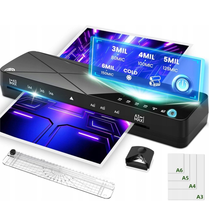 Vicalo laminálógép, laminátor, A3/A4/A5/A6 laminátor 6 LAMINÁLÁSI MÓD + 40 FÓLIA + KEREKÍTŐ TRIMMER, alacsony zajszint, otthoni iskolai irodához