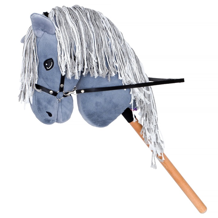 Hobby Horse GreyGracie, jucarie interactiva copii, 73cm, gri, cu bat din lemn de 37cm