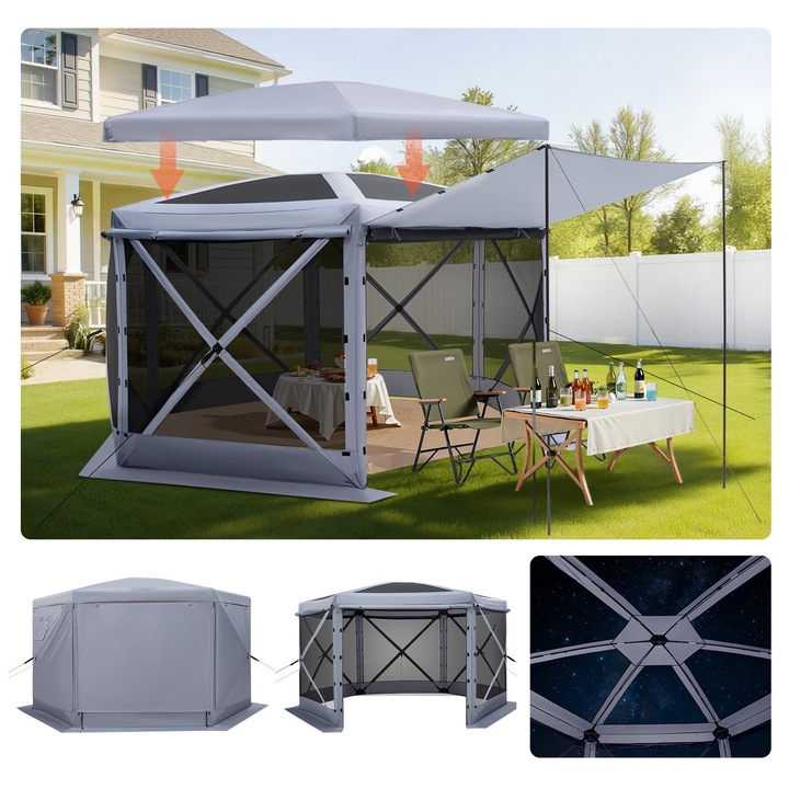 Pavilion pliabil, cort de camping hexagonal, Dimensiune 3, 6 x 3, 6 m, Plase anti-tantari, Acoperis detasabil, Montare rapida, Geanta transport inclusa, Capacitate 8-10 persoane, Gri