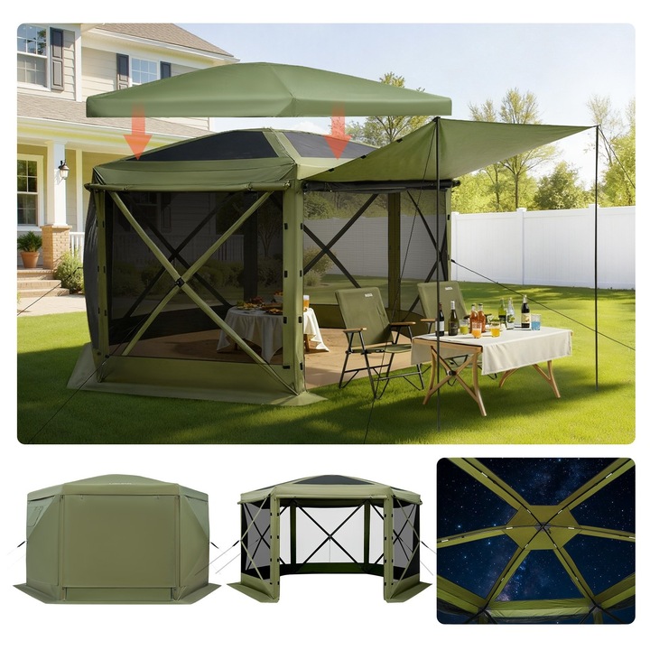 Pavilion pliabil cu plasa anti-tantari, Cort de camping hexagonal, Dimensiune 3, 6 x 3, 6 m, Acoperis detasabil, Montare rapida, Geanta de transport, Pentru 8-10 persoane, Verde