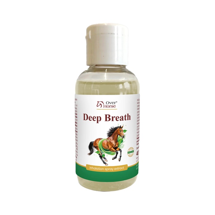Supliment pentru cai Deep Breath, Over Horse, 40ml, ajuta la imbunatatirea sistemului respirator, efect de dezinfectare, aroma mentolata
