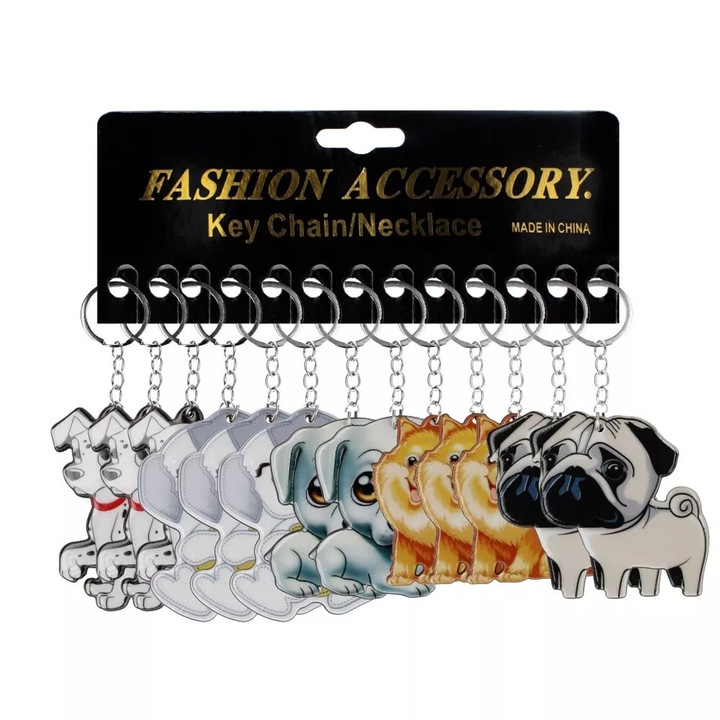 Adar kulcstartó szett, vegyes kutyafajták, rajzolt stílus, többszínű